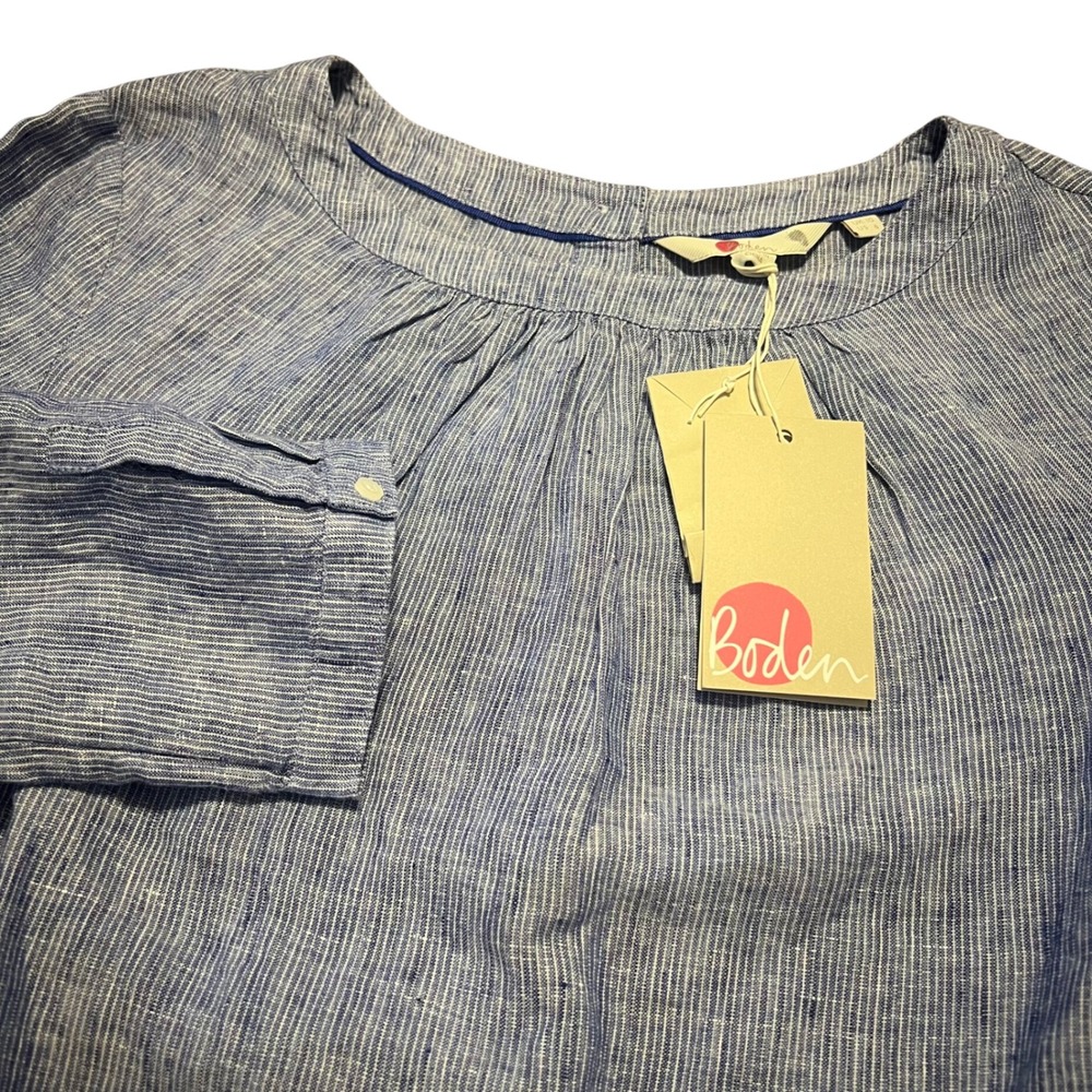 Boden Blue Stripe Lightweight Linen-Blend Blouse